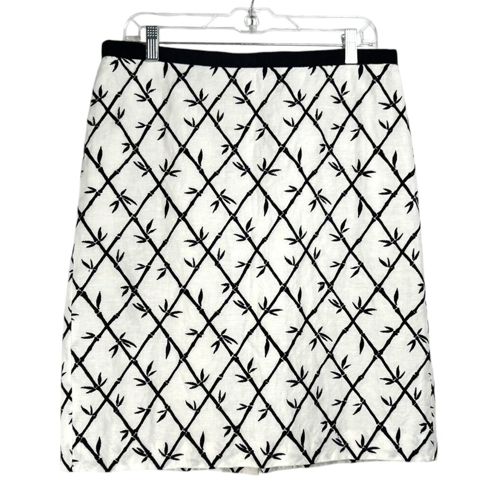 Talbots Women's Size 12 Linen Blend White Black Bamboo Embroidery Pencil Skirt